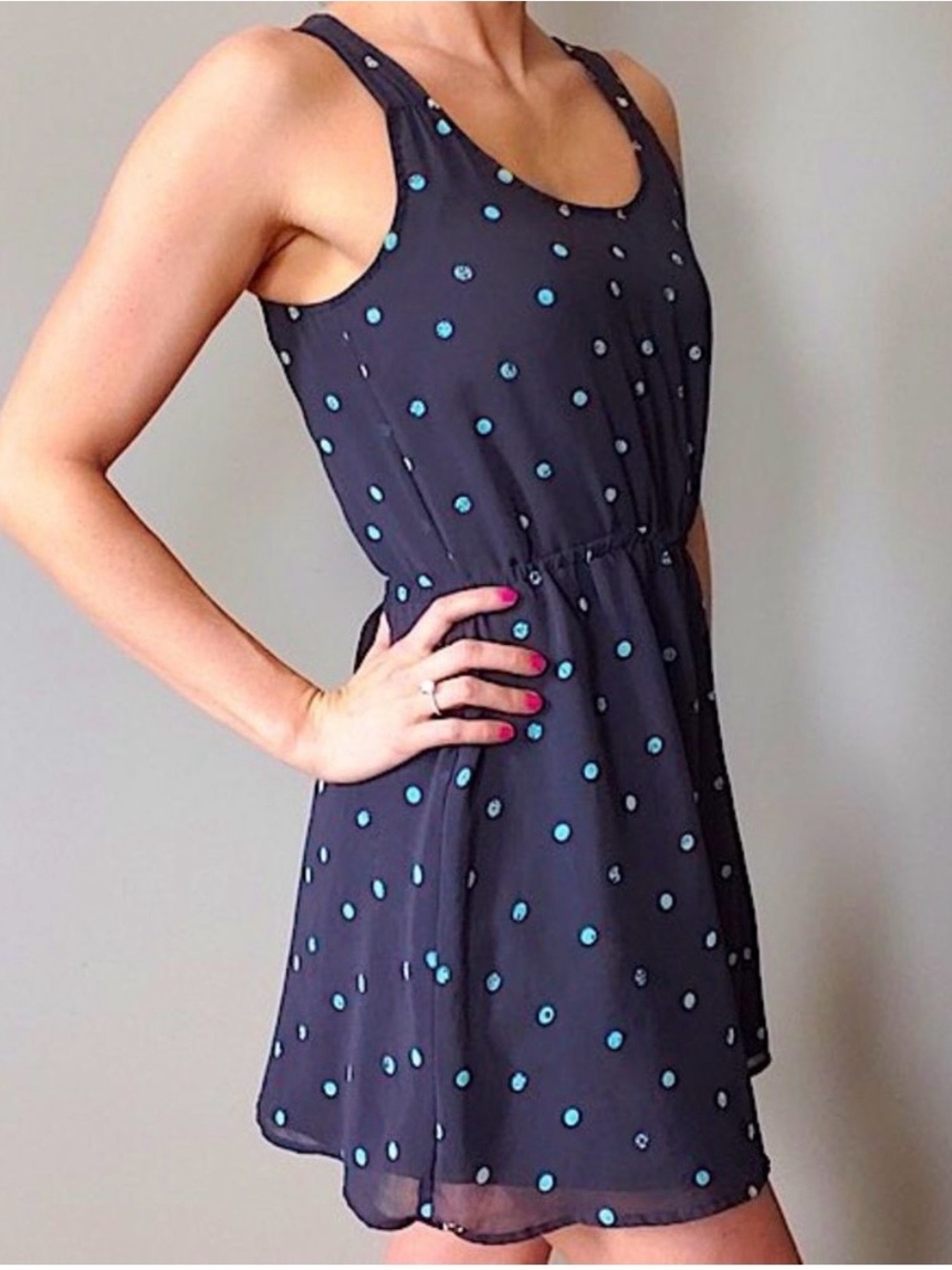 O'Neill Sleeveless Black & Teal Dot-Open Back Skater Scoop Neck Dress-Size Large